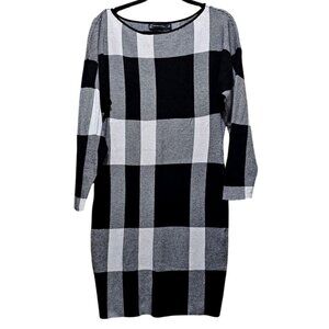 New York & Company Plaid Knit Sweater Dress Black/Gray/White Medium